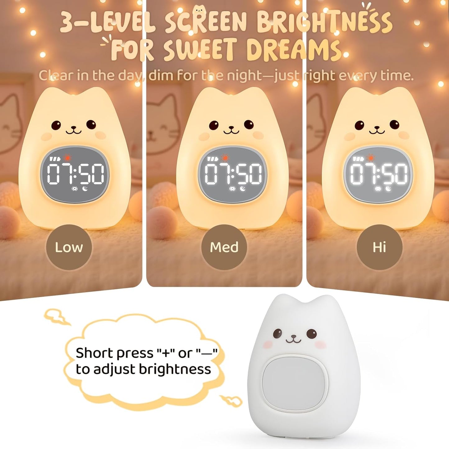 Cat Alarm Clock with Night Light for Kids with Sleep Training and Sound Machine, Rechargeable Silicone Lamp OK to Wake Clock，Cute Animal Tabletop Lamp, Perfect Sleep Companion for Boys Girls