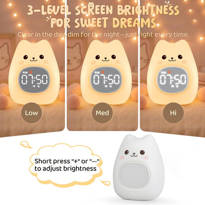Cat Alarm Clock with Night Light for Kids with Sleep Training and Sound Machine, Rechargeable Silicone Lamp OK to Wake Clock，Cute Animal Tabletop Lamp, Perfect Sleep Companion for Boys Girls