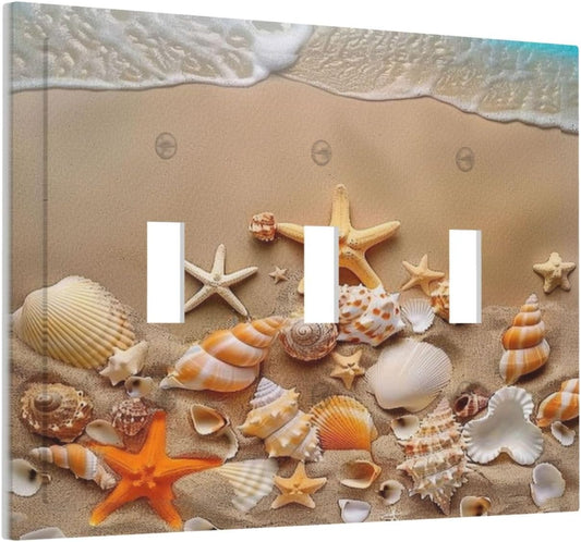 Decorative Switch Covers Plate Beachy Sea Ocean Seashell Starfish 3 Gang Artistic Wall Plate Unique Triple Toggle Light Switch Plate Jumbo Faceplate for Bathroom Bedroom Home Decor