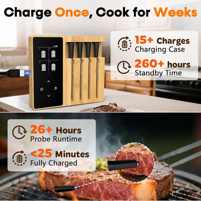 Accurate Smart Wireless Meat Thermometer - 4 Probes, Long Range Bluetooth, Real-time Alerts