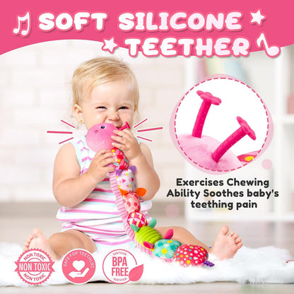 Baby Toys 0-6-12 Months,Infant Musical Stuffed Animals Activity Toys with Muti-Sensory Crinkle,Rattles,Baby Girl Toys Gifts for Newborn Tummy Time,Caterpillar,Pink