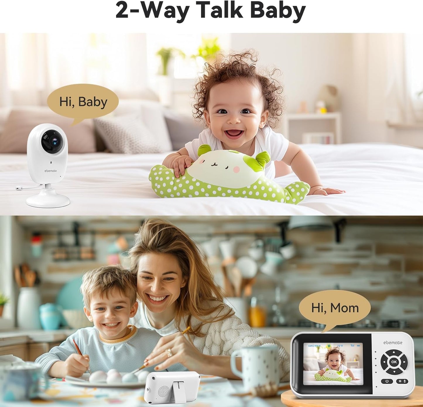 ebemate WiFi Video Baby Monitor with 2 Camera,2.8" Display with 1500Ft Long Range,WiFi On/Off,1080P No Glow Night Vision,2-Way Talk Baby Cam Monitoring EBS28-2