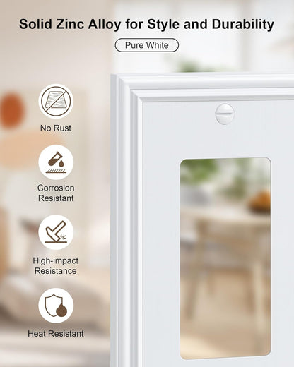 6-Pack Decorator Outlet Cover Plate, White Decorative Switch Plates and Outlet Covers, Durable Zinc Alloy Wall Plates for Electrical Outlets, Receptacle, GFCI Outlet, Dimmer Switch