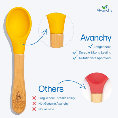 Avanchy Baby Spoons 5 Bamboo and Silicone Set, Self Feeding Food Utensils, 4 Months Baby Led Weaning, 5 Pack W/Pink