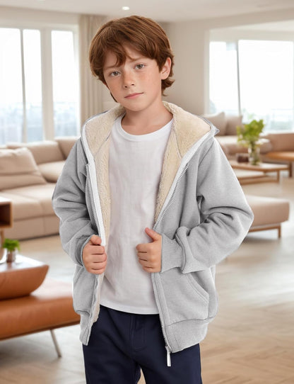 Gihuo Unisex Boy's Girls Winter Warm Sherpa Lined Zip Up Sweatshirt Fleece Jacket Kid's Hoodie Outerwear