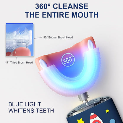Kids U Shaped Electric Toothbrush Ultrasonic Automatic Brush with 5 Brush Head Rinse Cup 6 Clean