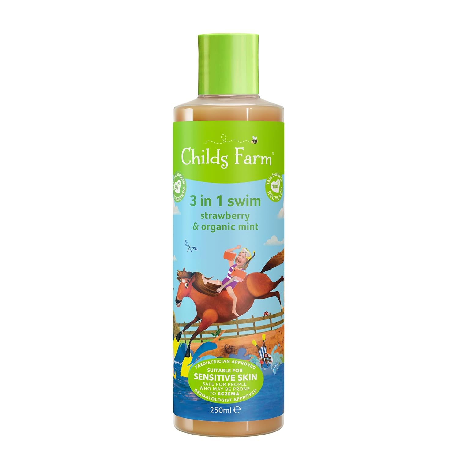 Childs Farm, Kids 3 in 1 Swim, Strawberry and Organic Mint, Body Wash, Shampoo and Conditioner