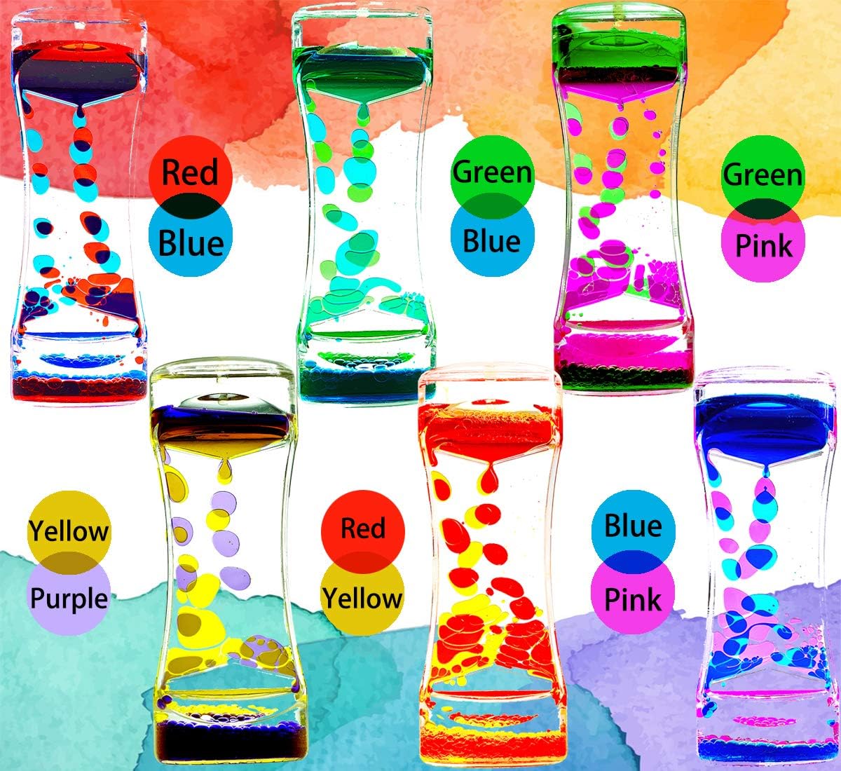Liquid Motion Bubbler Timer Pack of 6 Great Desktop Colorful Hourglass Liquid Bubbler Sensory Anxiety Toys Autism ADHD Fidget Toys Activity Calm Relaxing Toys