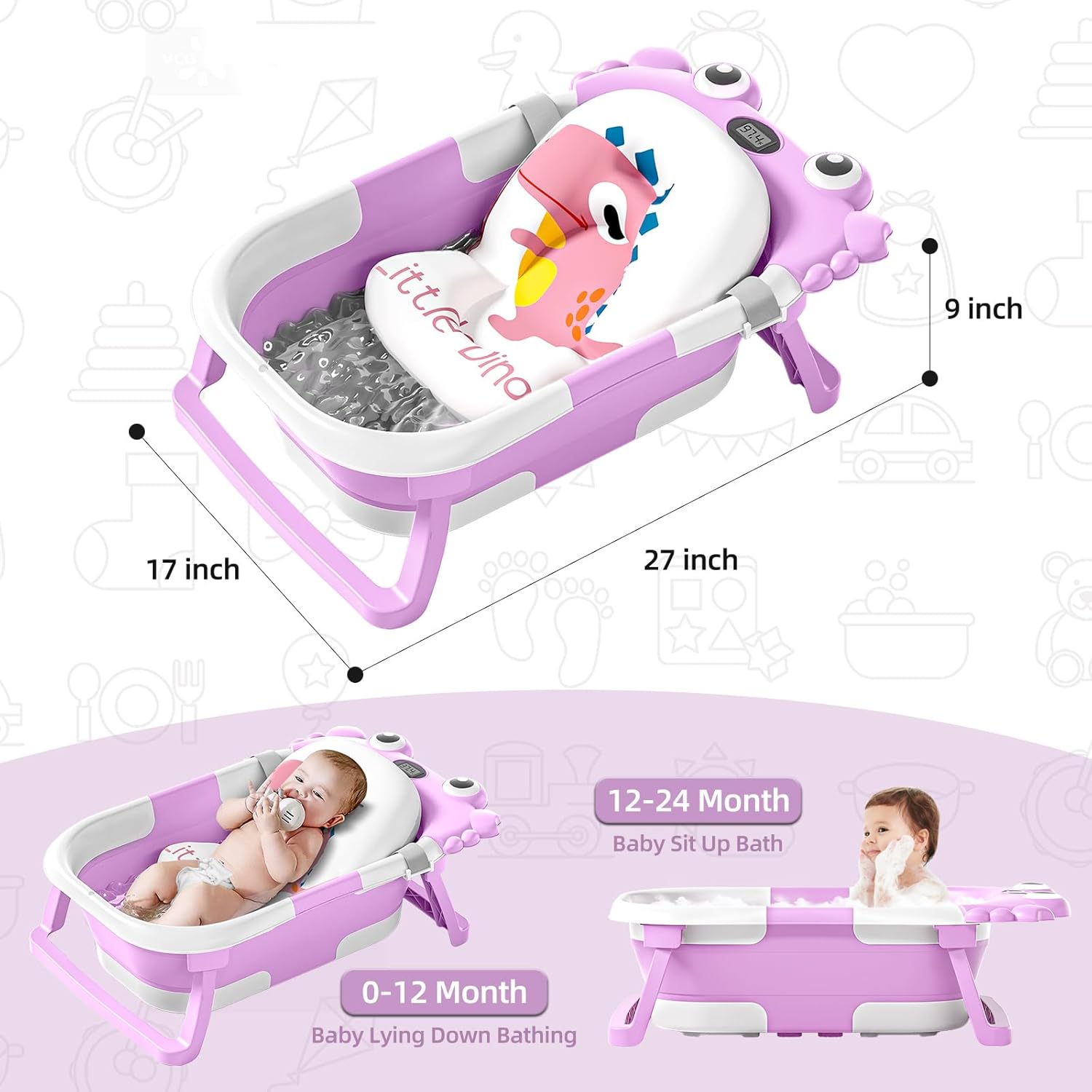 Collapsible Baby Bathtub for Infants to Toddler with Real-time Temp Monitor+Floating