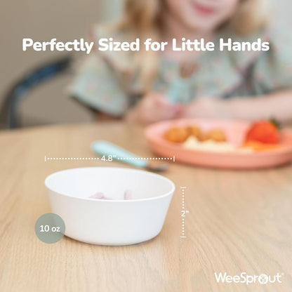 WeeSprout Bamboo Kids Bowls, Set of Four 10 oz Kid-Sized Dinnerware, Cereal, Leftovers & Snack Bowl, Dishwasher Safe (Pink, Green, Gray, & Beige)