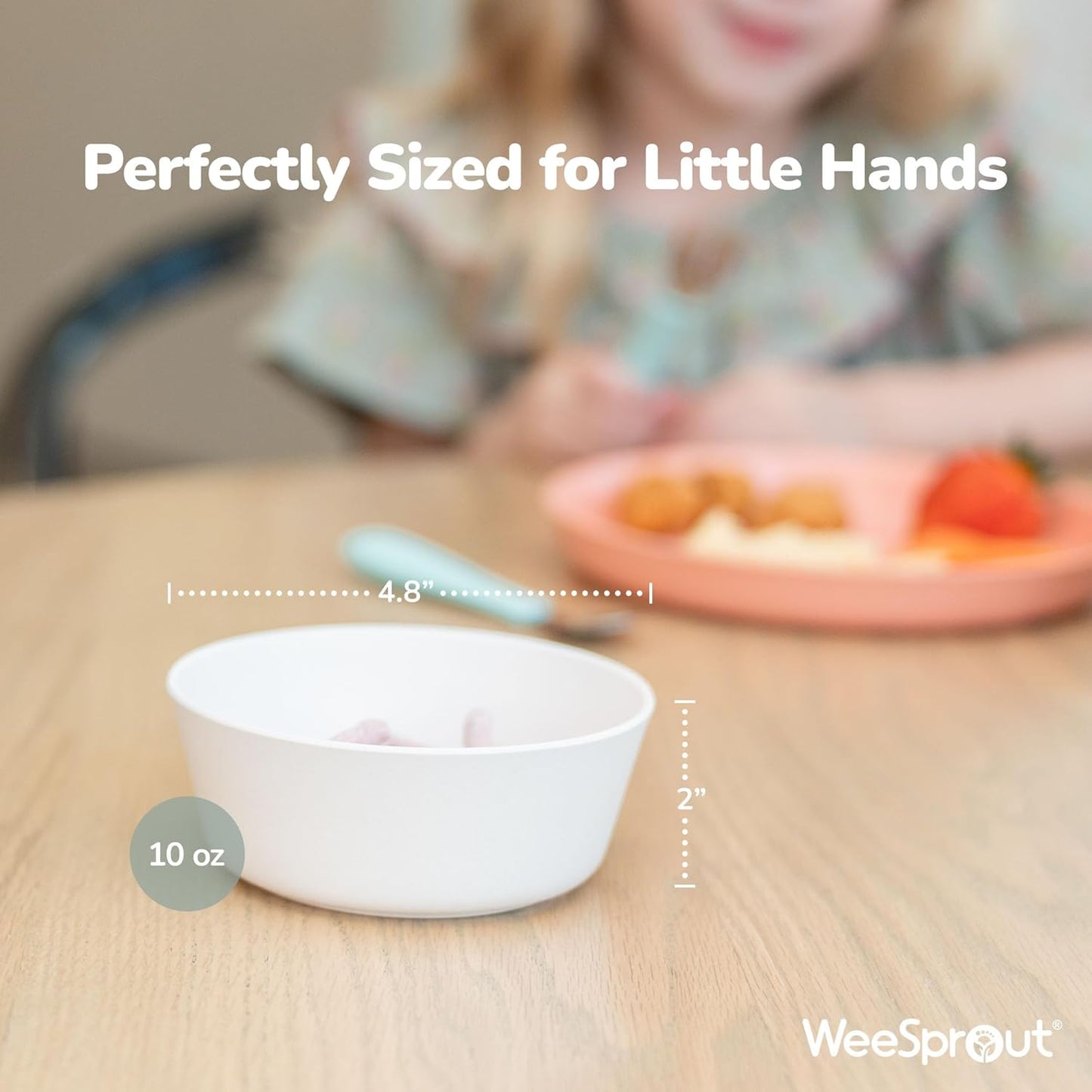 WeeSprout Bamboo Kids Bowls, Set of Four 10 oz Kid-Sized Bamboo Bowls, Dishwasher Safe Kid Bowls (Pastel Coral, Blue, Mint & Off White)