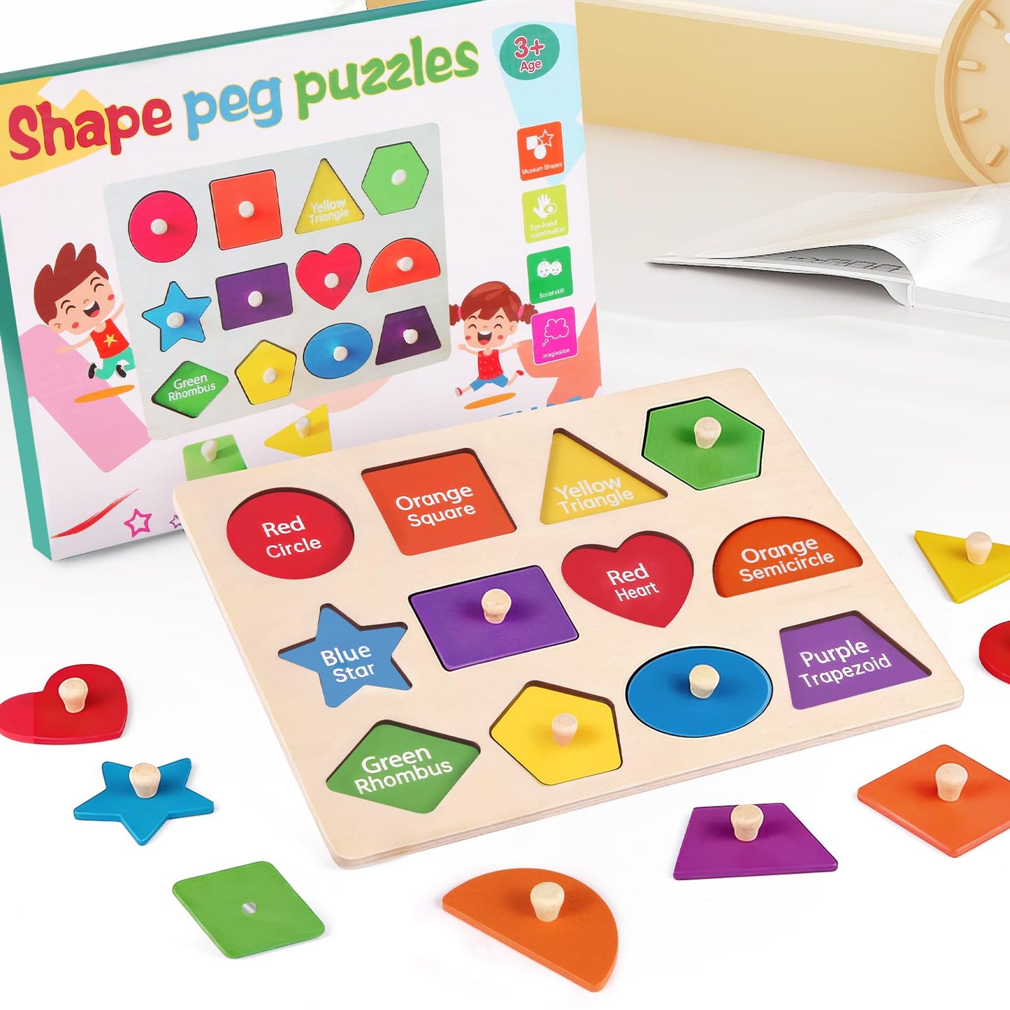 JOLSNAF Montessori Wooden Peg Shape Puzzles for Toddlers