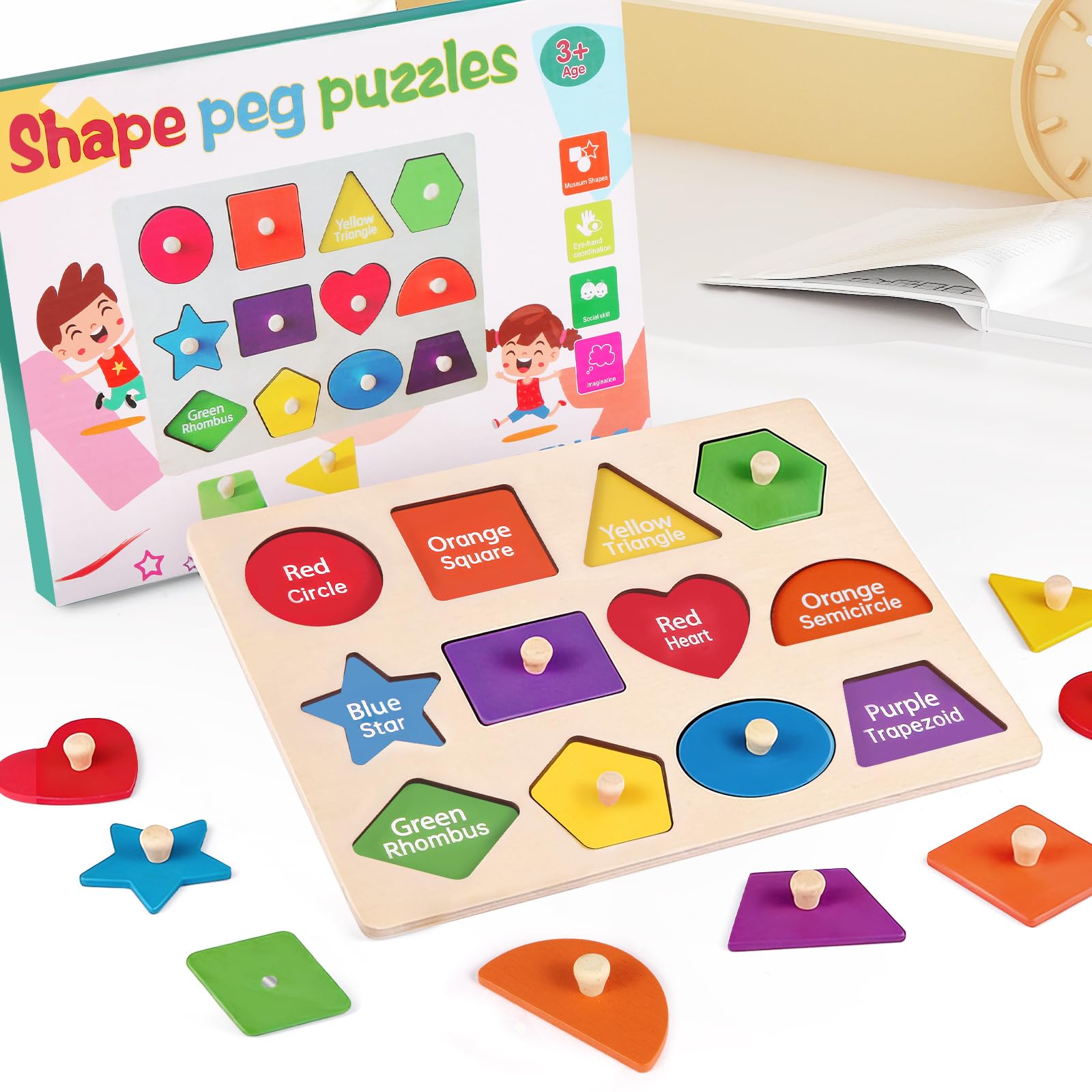 JOLSNAF Montessori Wooden Peg Shape Puzzles for Toddlers