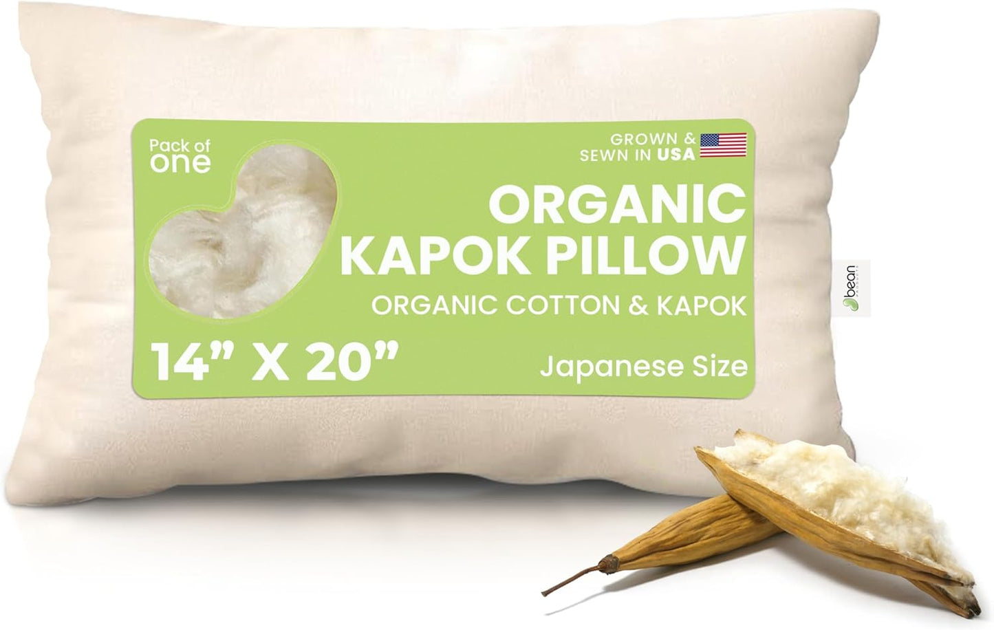 Bean Products Kapok 14" x 20" Japanese Pillow - Breathable, Eco-Friendly and Durable Organic Cotton Fabric Bed Pillow - Soft and Supportive Pillow for Sleeping, Made in The USA
