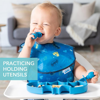 Bumkins Baby Utensils Set, Chewtensils Silicone Spoons for Dipping, Self-Feeding, Baby Led Weaning, Trainer Learning, First Stage Eating, Soft Practice Fork and Spoon, 6 Months, Batman Blue