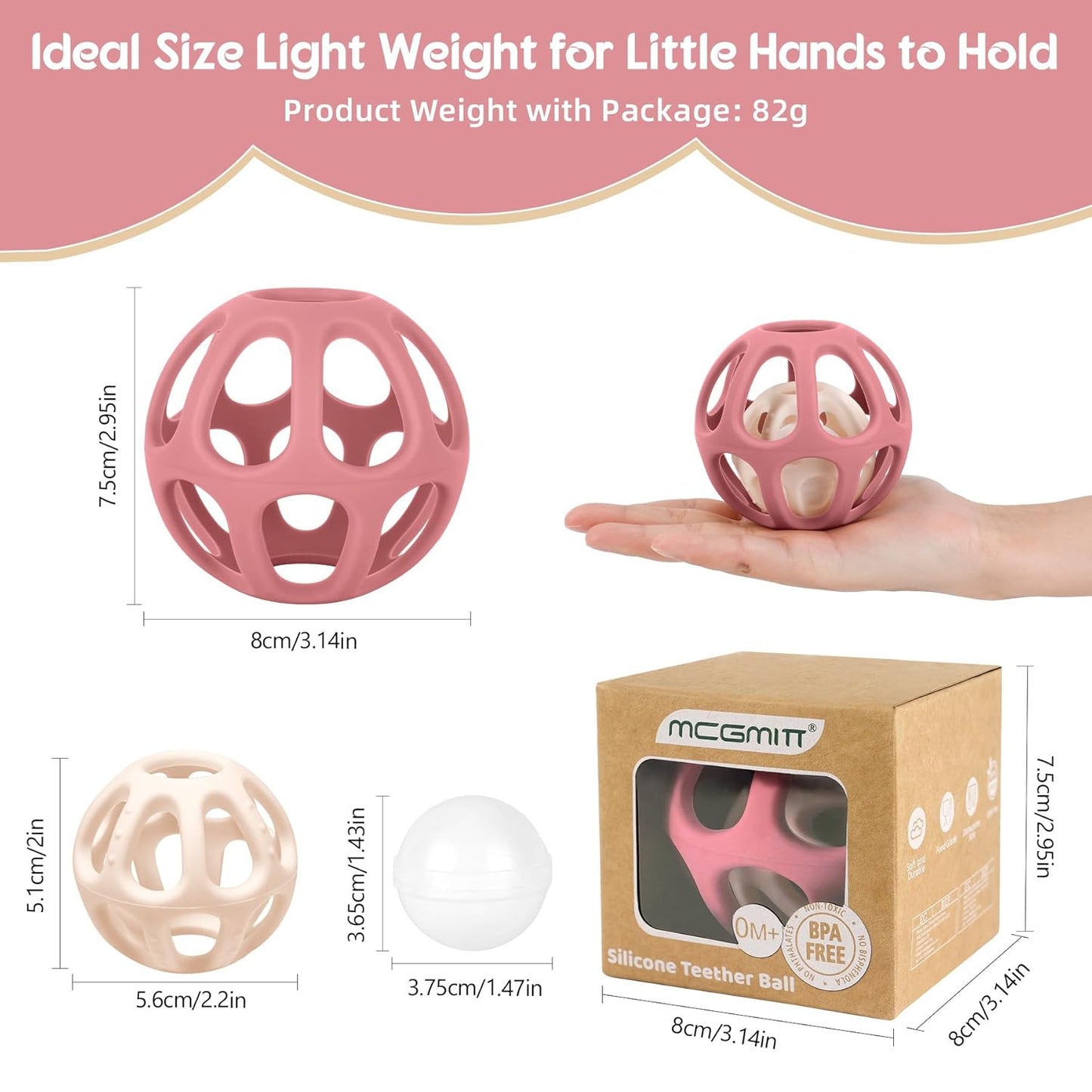 MCGMITT Baby Rattle Teether Toy, Easy Grasp Silicone Sensory Balls, Food Grade Stretchy Infant Toy Baby Ball, Montessori Teething Toy Gift for Infant Boys and Girls 0-6-12 Months