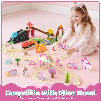 Lehoo Castle Wooden Train Set for Girls, Pink Unicorn Train Set