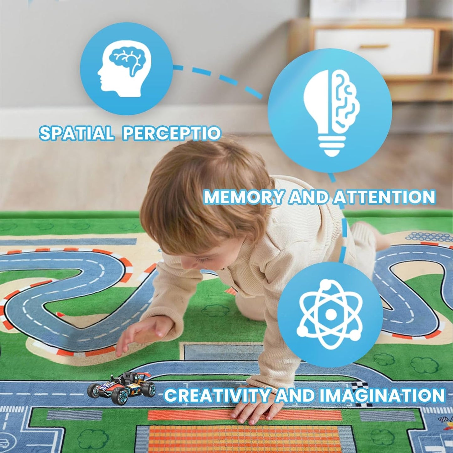 Race Track Playmat Rug, 1.3" Toddler Safety Elasti-Foam Playmat 59"×79" Fun and Education Large Floor Mat for Crawling Activity Race Car Track Play Mat for Boys & Girls