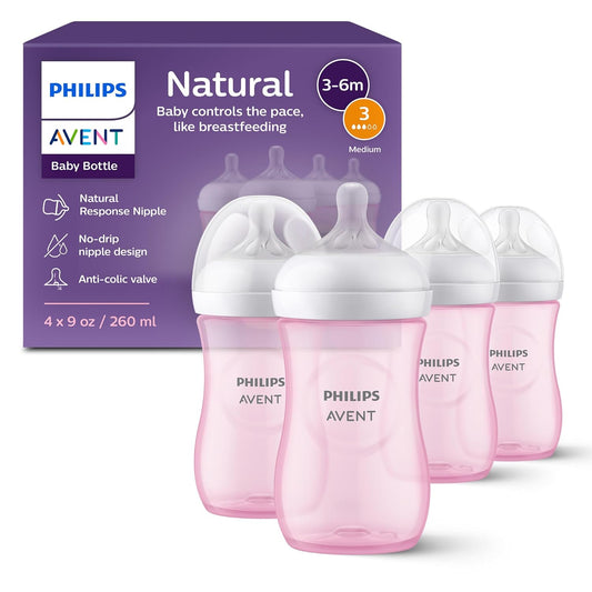 Philips Avent Natural Baby Bottles with Natural Response Nipples (Medium Flow, Flow 3), 9oz, Pink