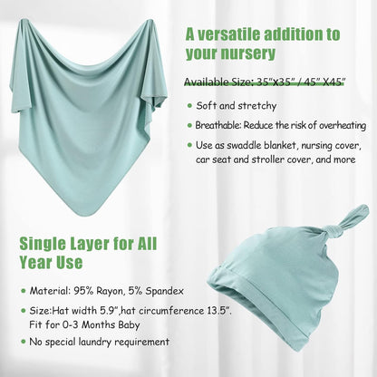 iEvolve Cotton Knitted Baby Swaddle Blanket with Hat Headband Set Newborn Swaddle Wrap Receiving Blankets for Baby Girl Boy 35" x 35"(LightGreen)