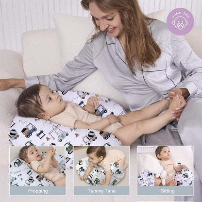 Little Grape Land Nursing Pillow for Infants, Breastfeeding Pillows, Baby Support Pillow for Nursing, Bottle Feeding, Tummy Time with Machine Washable Cover & Breathable Filling (Construction Truck)