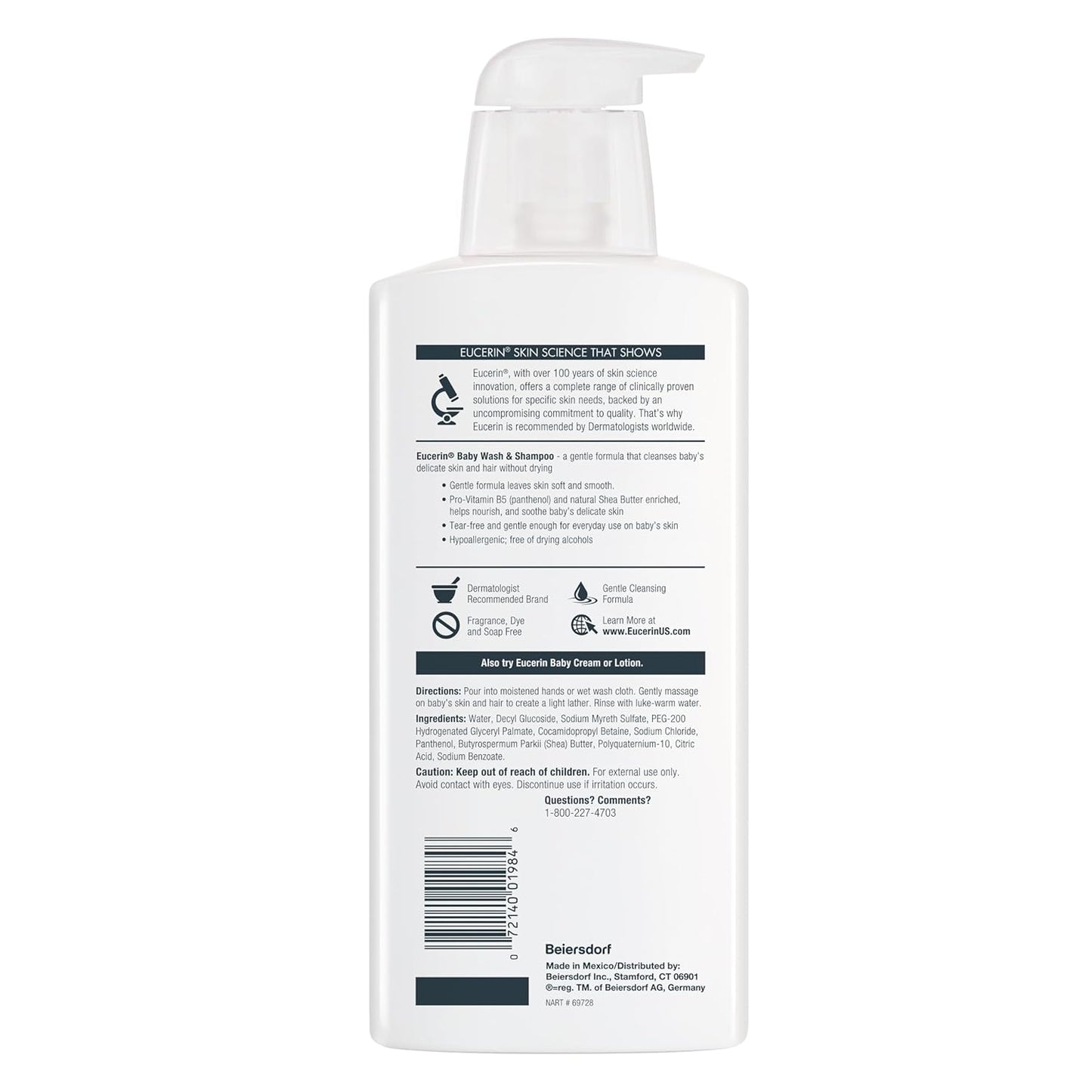 Eucerin Baby Unscented Baby Shampoo and Body Wash, Tear Free Shampoo and Wash, 13.5 Fl Oz Pump