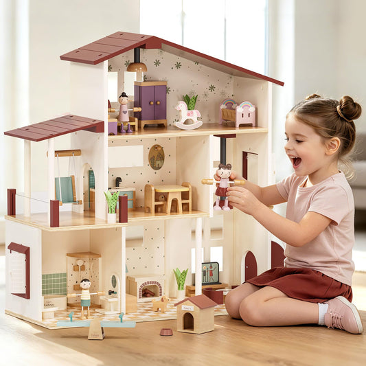 Lehoo Castle Wooden Dollhouse for Girls, Doll House with 5 Rooms DIY Play