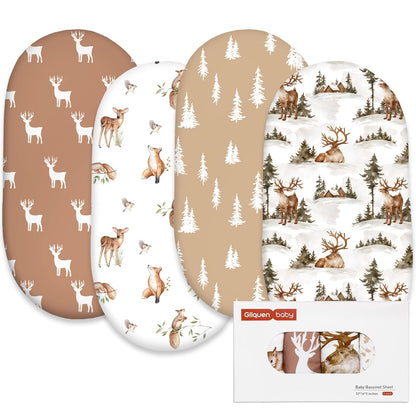 Gllquen Baby Bassinet Sheets 4 Pack, Breathable Cozy Fitted Mattress Sheet, Elastic Travel Crib Fashionable Floral Pattern, Standard Cradle Safe Sheets for Baby Boys Girls 32"x16" (Christmas elk)
