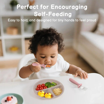 Eascrozn 2 Pack Silicone Baby Plates with Suction, Forks and Spoons Set