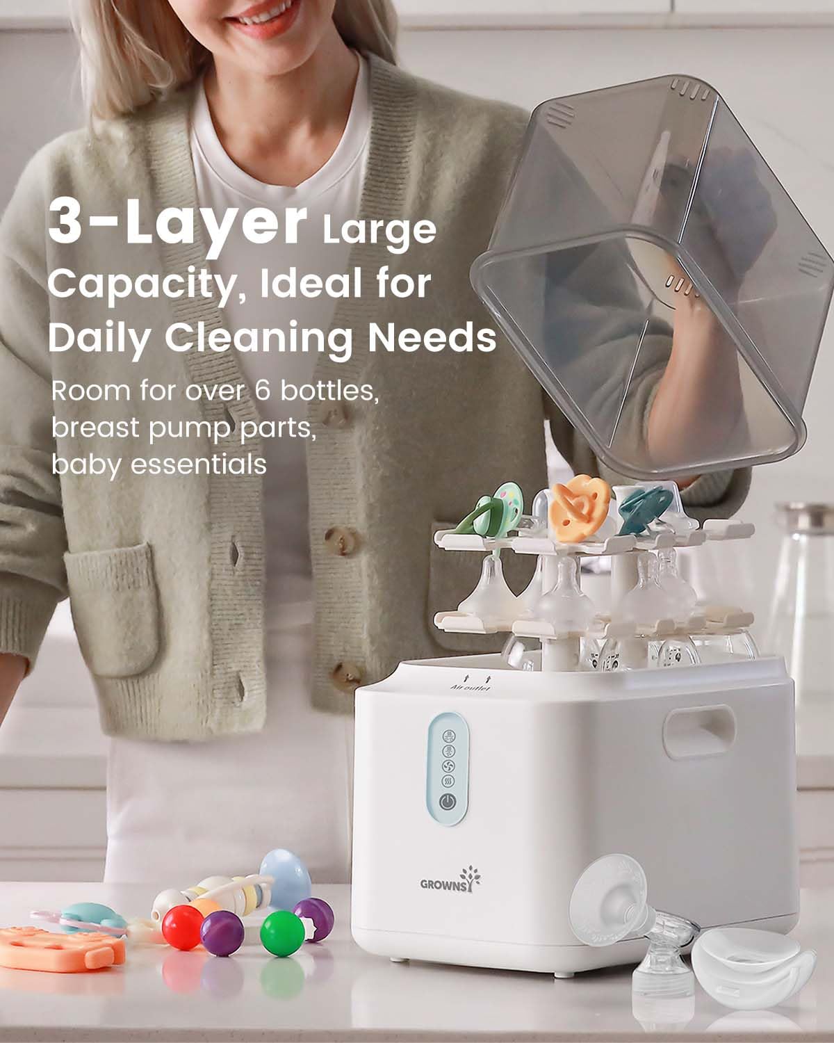 Grownsy 3-Layer Large Bottle Sterilizer and Dryer, Fast Sterilization and Drying, Universal Bottle