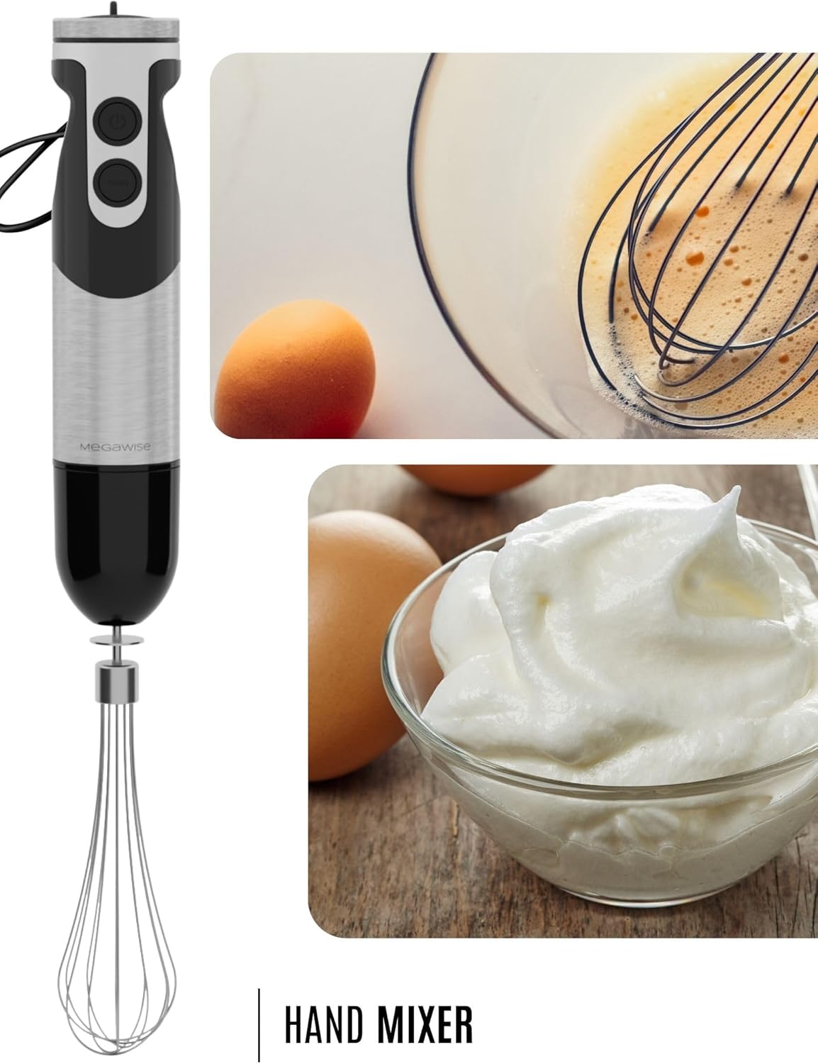 Megawise High-Power Hand Blender – 400W Max Power with Versatile 3-in-1 Attachments (Blending
