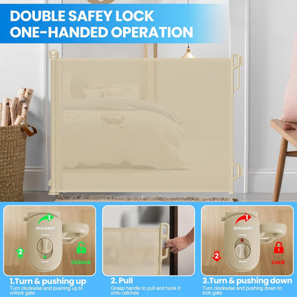 Retractable Safety Baby Gate or Mesh Dog Gate,Durable Portable Mesh Retractable Gate,Easy to Use for Stairs, Doorways, Hallways, Indoor, Outdoor, 33.5" Tall, Up to 65" Wide, Cream