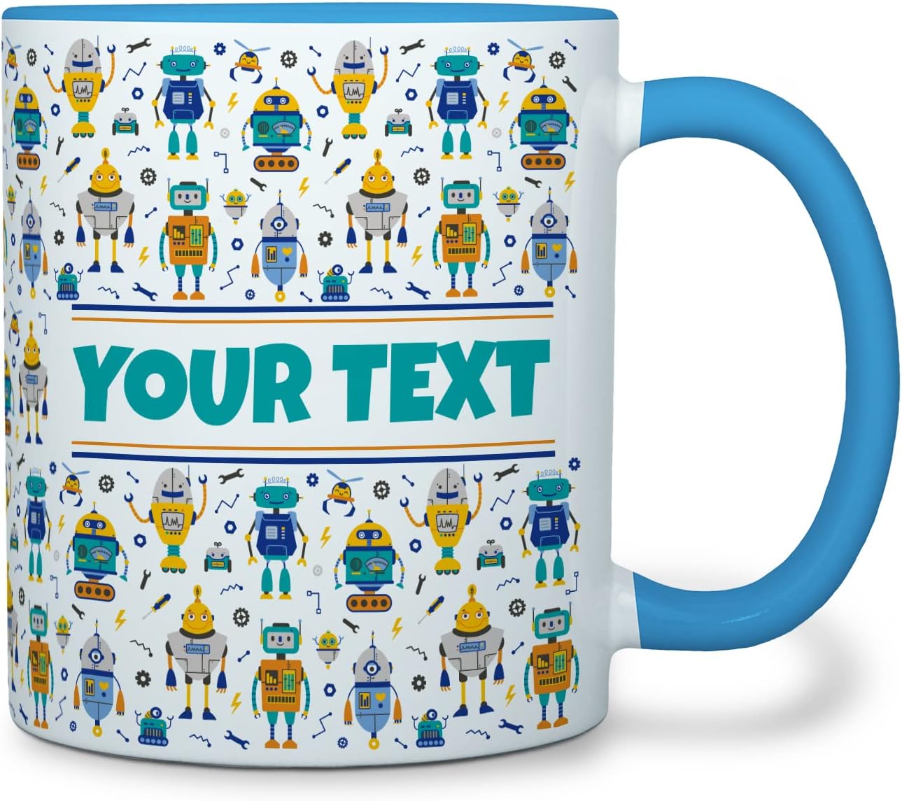 Personalized Mug for Kids - Robots - Custom Name/Text, Ceramic Hot Chocolate/Cocoa/Coffee Cup for Boys, Birthday/Christmas/Holiday Gift - 11 oz, Light Blue Handle