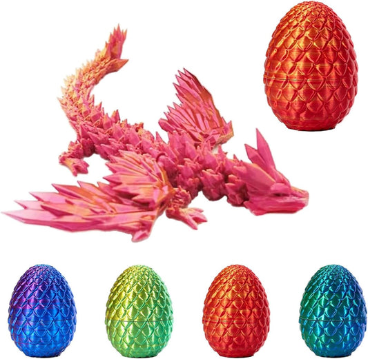 3D Printed Dragon with Wings, 3D Printed Dragon Eggs with Dragon Inside, Dragon Fidget Toy, Articulated Crystal Dragon in Egg, Home Office Decor(Red)