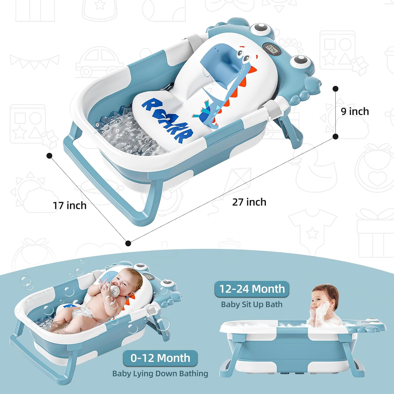 Collapsible Baby Bathtub for Newborns to Toddler with Real-time Temp Monitor & Floating