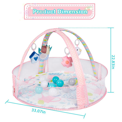Baby Play Mat, 4-in-1 Baby Play Gym Tummy Time Mat with Ball Pit and 5 Detachable Toys for Newborn to Develop Sensory Exploration and Motor Skill 0-6-12 Months
