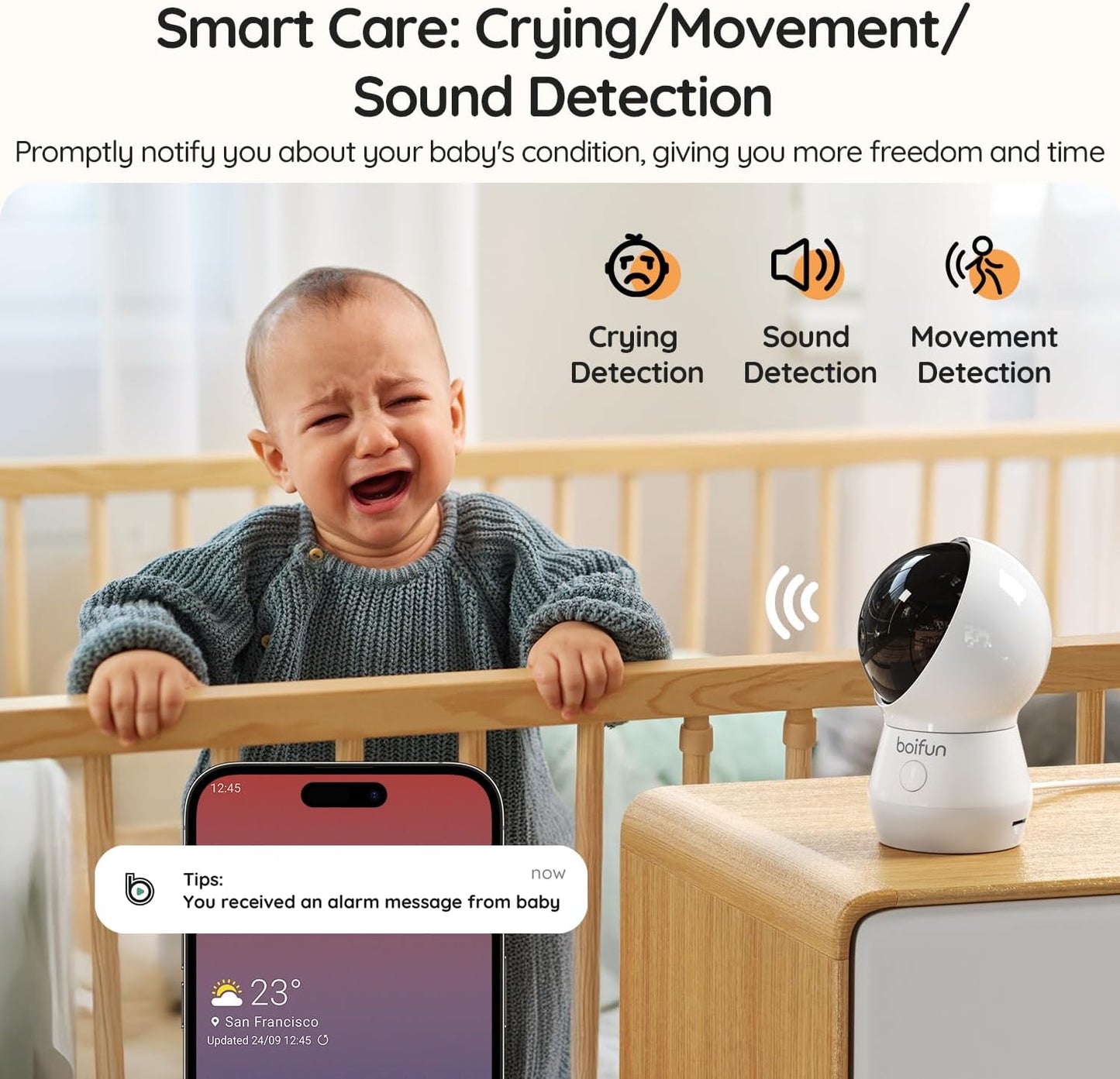 BOIFUN 5.5" AI 4MP Baby Monitor Pro Max: App (Wi-Fi) and Monitor (No Wi-Fi) Control, Upgrade AI Detection (Tummy Sleeping & Face Area), Colorful Night Light, 360° Camera, Motion & Sound Detection