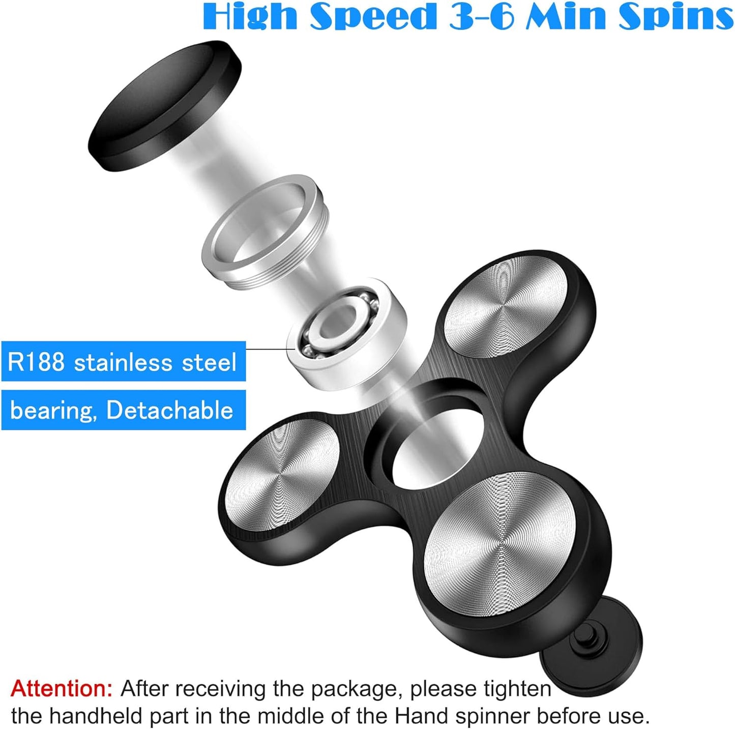 Fidget Spinners Toy Ultra Durable Stainless Steel Bearings High Speed 3-6 Min Spins Metal Material Hand Spinner ADHD Focus Anxiety Toys Stress Relief Reducer Fidget Spinner for Kids Adults Silver