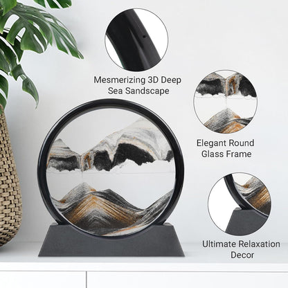 Drakswet Moving Sand Art Liquid Motion，Moving Sand Art Picture-3D Deep Sea Sandscape，Round Glass Frame Display Flowing Sand Relaxing Desktop Home Office Work Decor (Black)