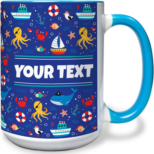 Personalized Mug for Kids - Nautical - Custom Name/Text, Ceramic Hot Chocolate/Cocoa/Coffee Cup for Boys/Girls, Birthday/Christmas/Holiday Gift - 15 oz, Light Blue Handle