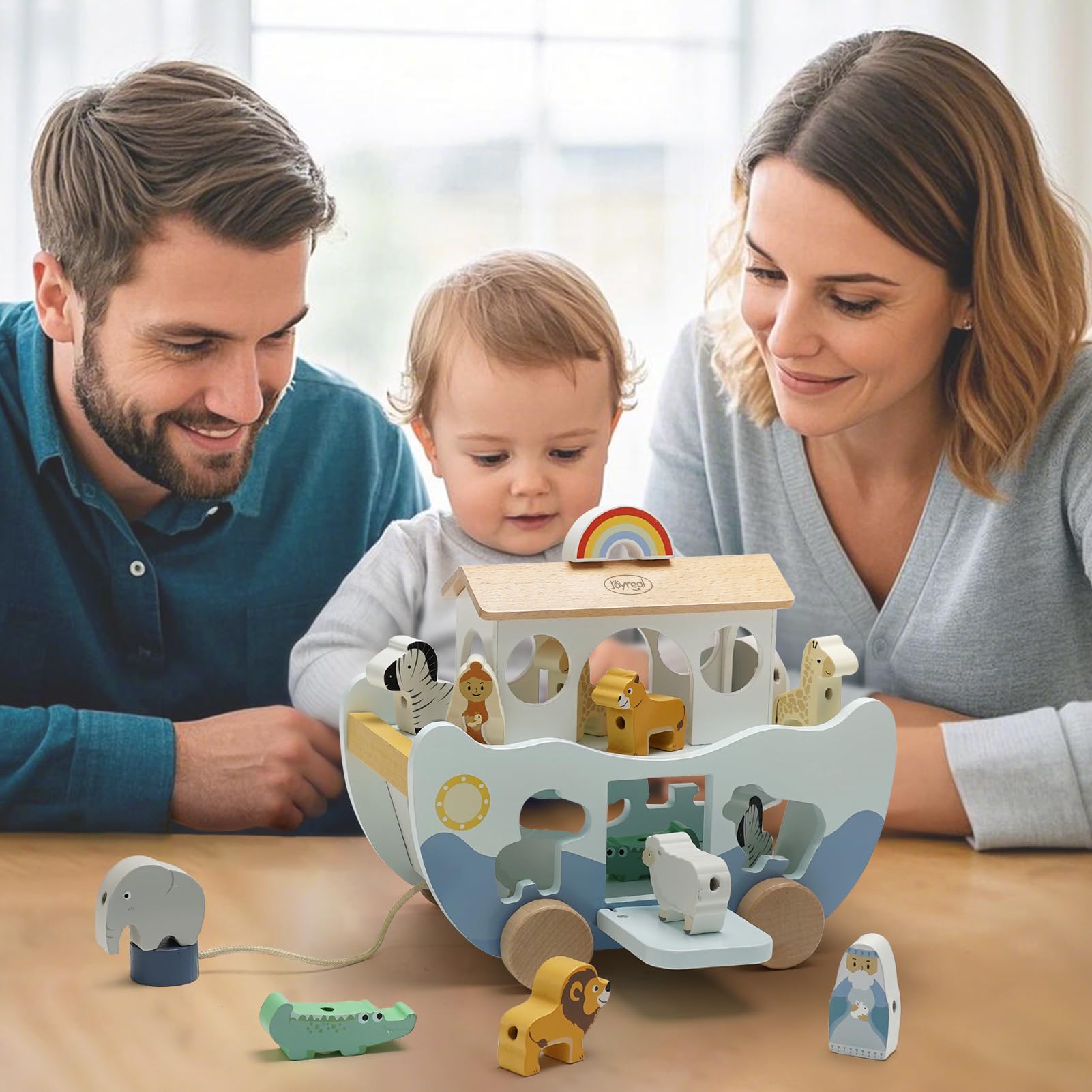 Joyreal Wooden Noah's Ark Toy for 1 Year Old Baby Boy and Girl Baptism Gift