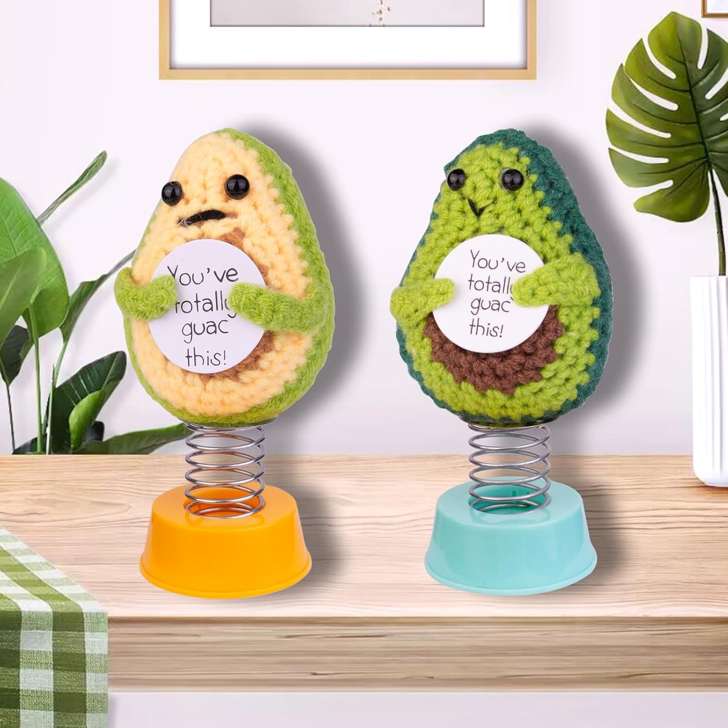 Funny Positive Shaking Avocado Knitting Doll, Handmade Emotional Support Crochet Avocado Car Ornament Gift with Base for Car Interior Home Office Desk Decoration, Light Avocado