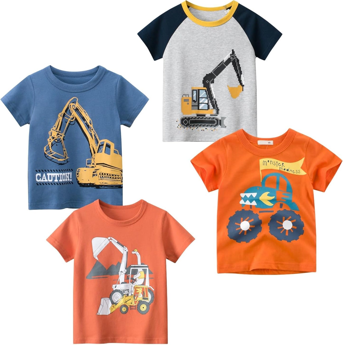 Boys' 4-Pack Excavator Short Sleeve Crewneck T-Shirts Top Tee Size 2-7 Years Toddler Boys' Value Pack Cotton T-Shirt