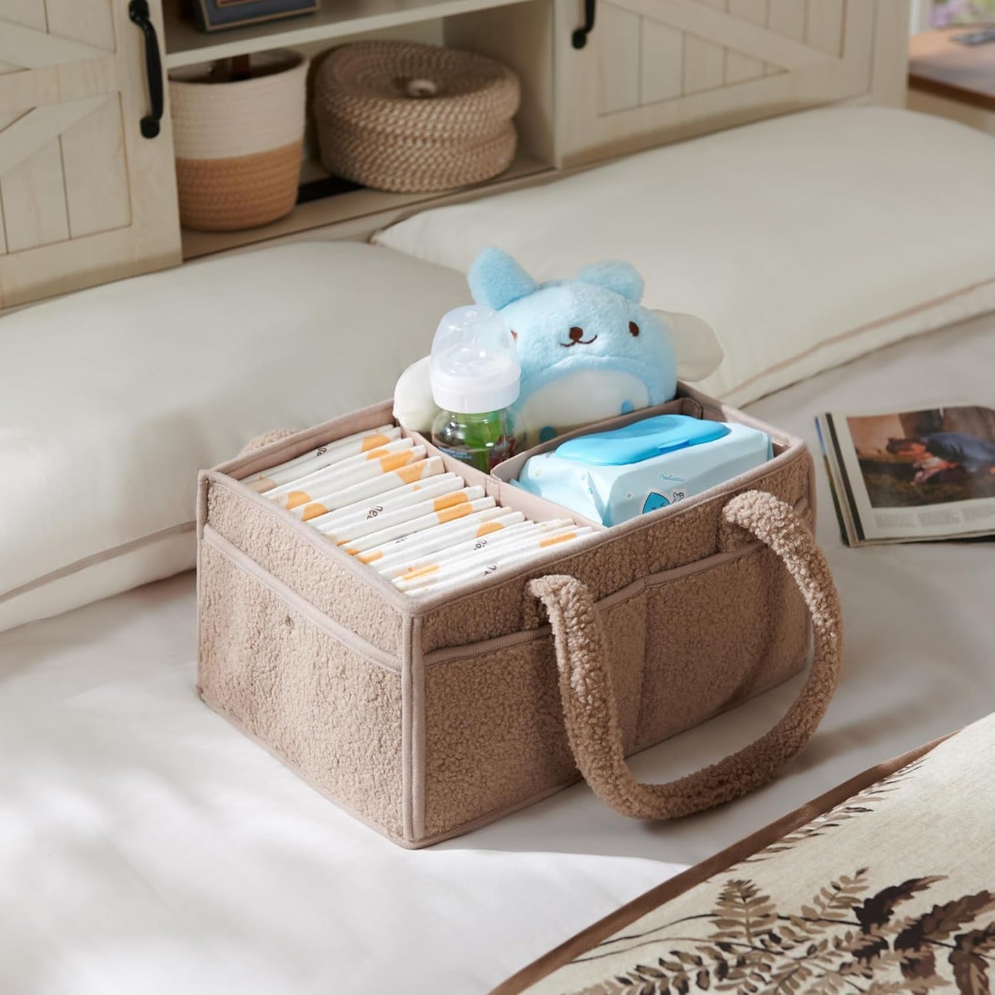 luxury little Diaper Caddy Organizer, Large Cotton Rope Nursery Baby Basket, Changing Table Organizer for Baby Diaper Storage, Portable Car Organizer with Removable Divider (Light Brown)