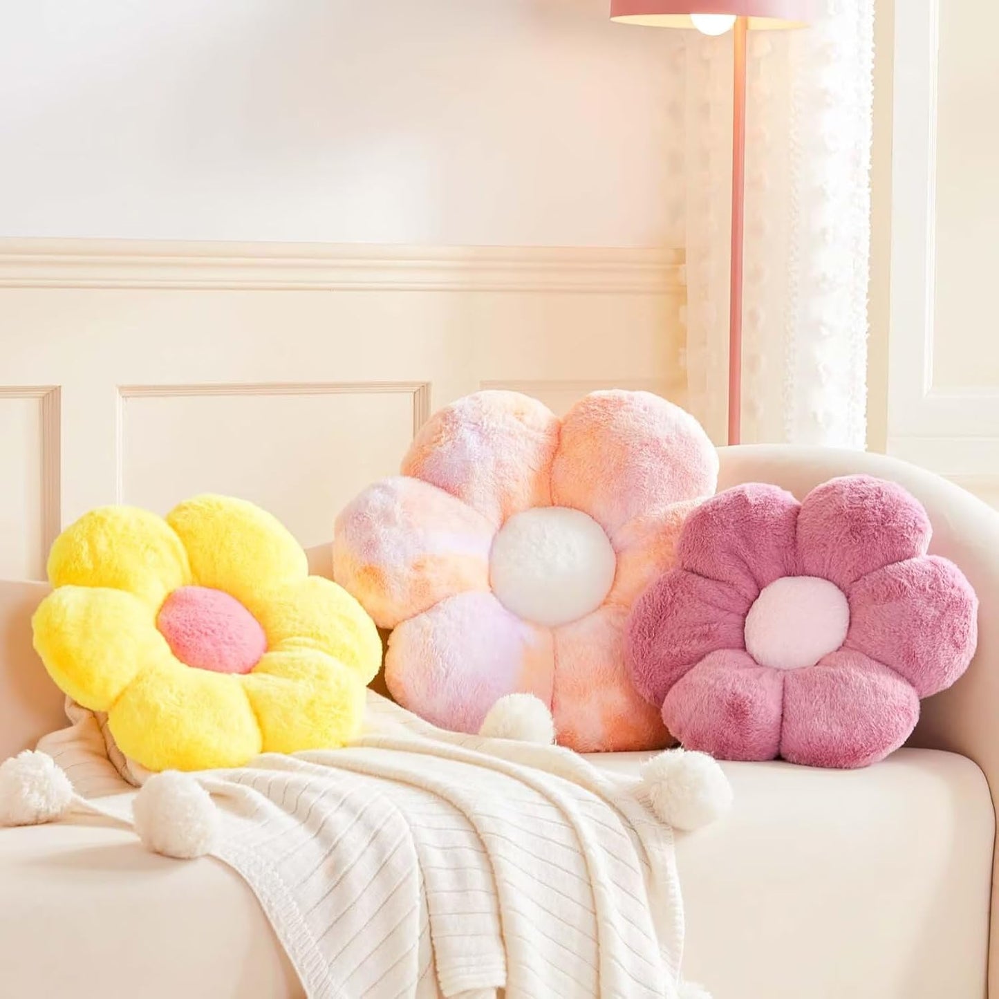 Yellow Flower Plush Throw Pillow, Cute Decorative Flower Shaped with Faux Rabbit Fur, 19.6" Soft Plush Floor Pillow for Bedroom Living Room