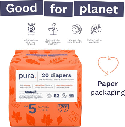 Pura Size 5 Eco-Friendly Diapers (24-35lbs) Totally Chlorine Free (TCF) Hypoallergenic, Soft Organic Cotton, Sustainable Comfort, 12 Hours Leak Protection, Allergy UK,1 Pack of 20 Diapers