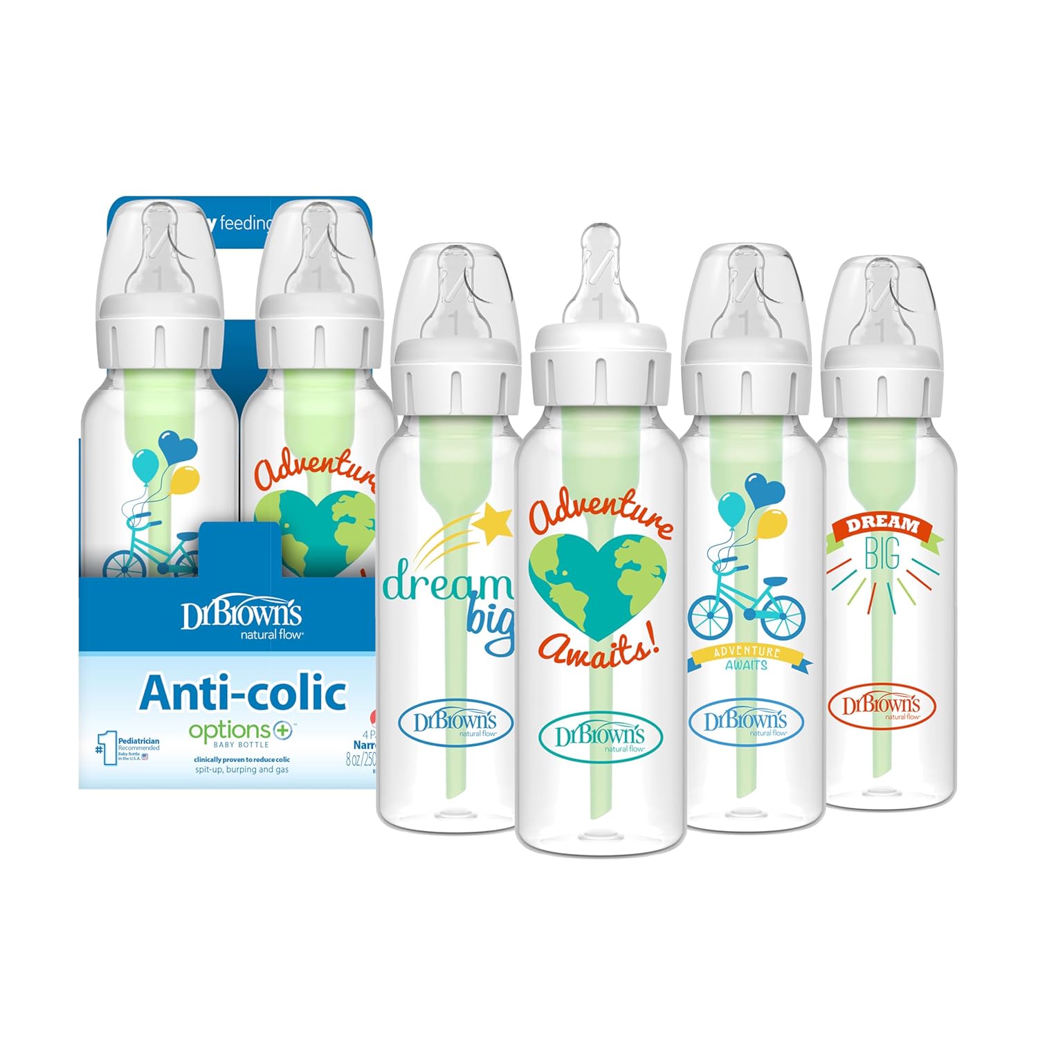 Dr. Brown's Natural Flow Anti-Colic Options+ Narrow Baby Bottle, Dream Adventure, 8 oz/250 mL, with