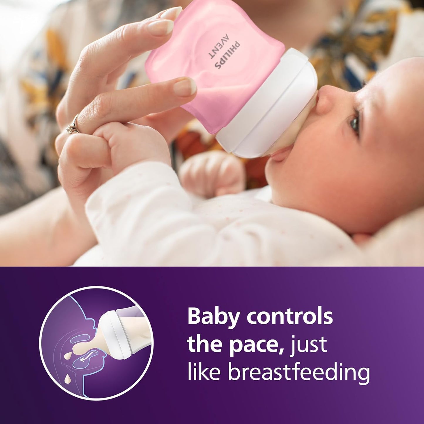 Philips Avent Natural Baby Bottles with Natural Response Nipples (Slow Flow, Flow 2), 4oz, Pink