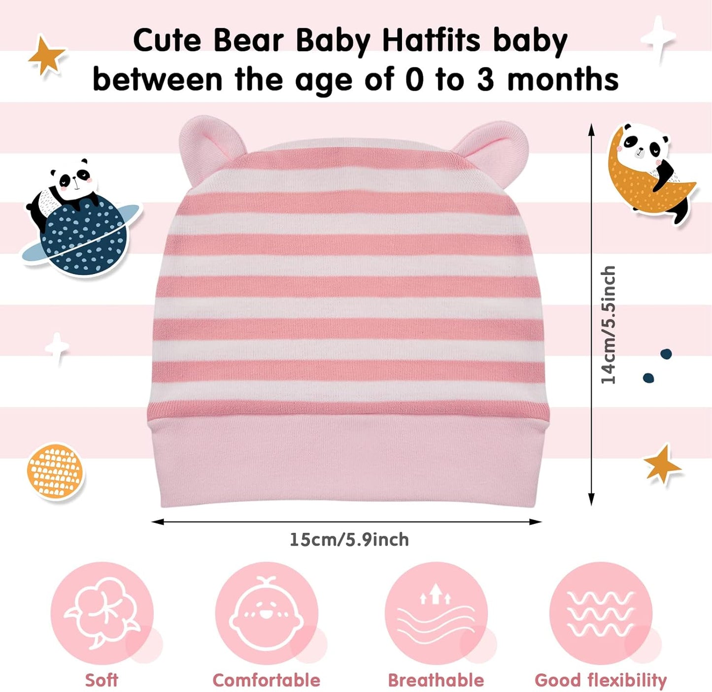 Geyoga 6 Pieces Newborn Baby Hat Bear Ears Infant Caps Baby Boy Girl Toddler Hats Infant Beanie Caps for 0-3 Months