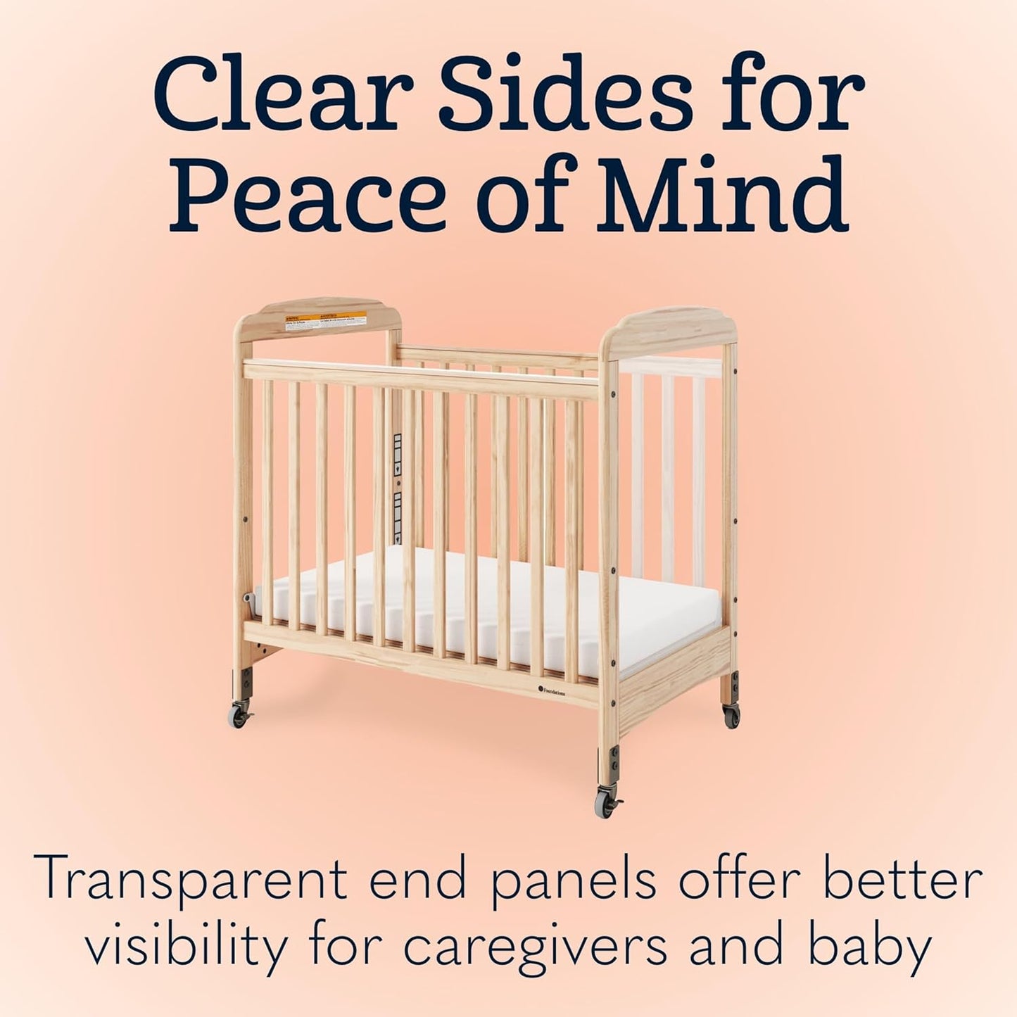Foundations Serenity Compact Clearview Daycare Crib, Fixed Side, Durable Wood Construction, Non-Marking Casters (2 Locking), Clear End Panels, Includes 3” InfaPure Foam Mattress (White)